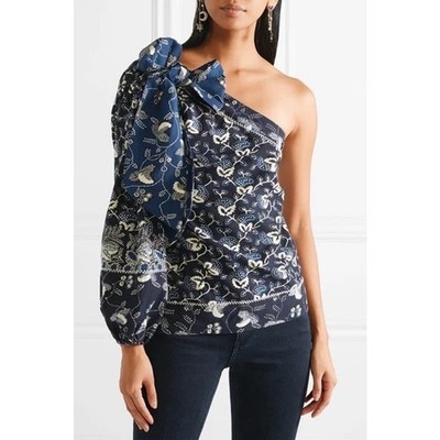Ulla Johnson Asima One Shoulder Bow Top Indigo Blue Cotton Womens 2