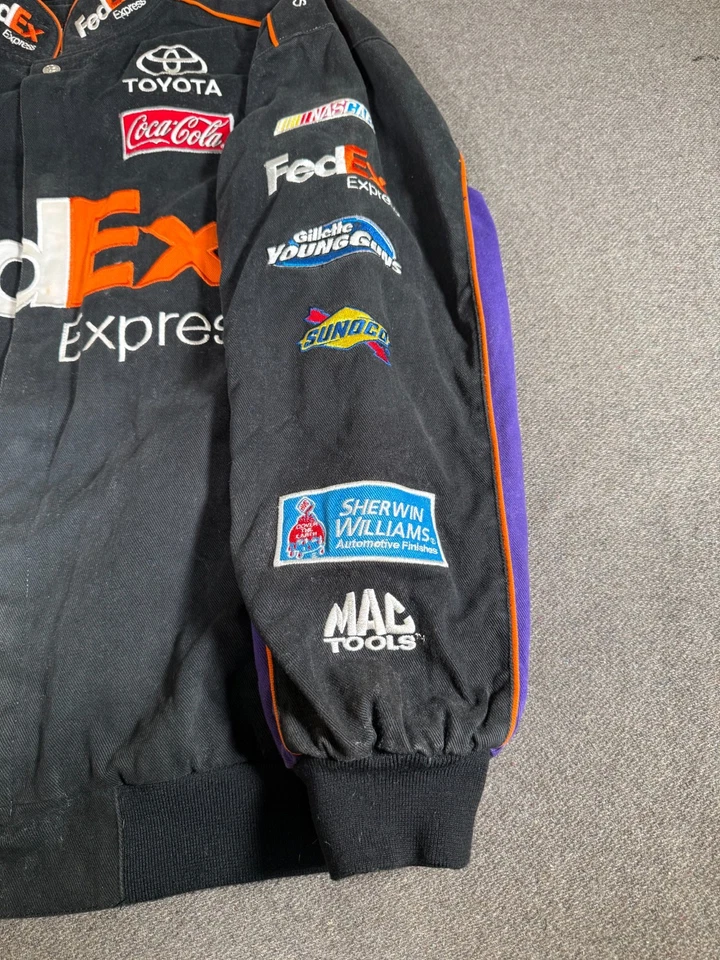 Chaqueta de bombardero vintage FedEx Express Racing Denny Hamlin NASCAR Toyota para hombre grande Foto 3 de 4