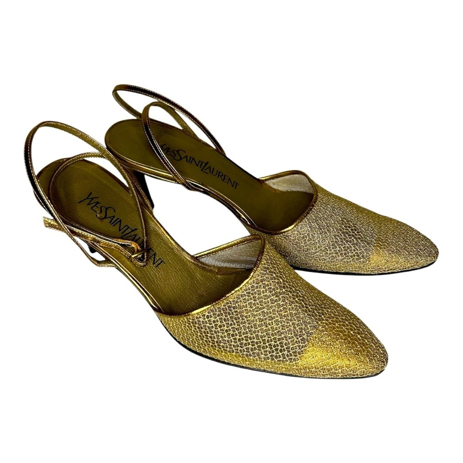 Sandalo con cinturino Yves Saint Laurent a punta in rete dorata. Taglia 7 5