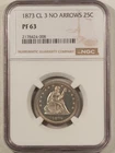 1873 CL 3 NO ARROWS SEATED LIBERTY QUARTER NGC PF-63 UNTONED, TOUCH OF CONTRAST!
