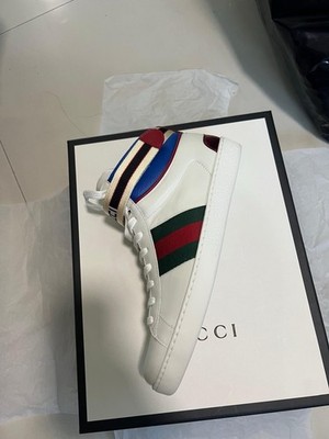 Gucci Men's Striped Leather High-Top Sneakers White Blue Red Green Size 8