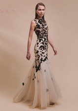 Mermaid Evening Dresses Long Black Lace Appliques Champagne Tulle Prom Gowns