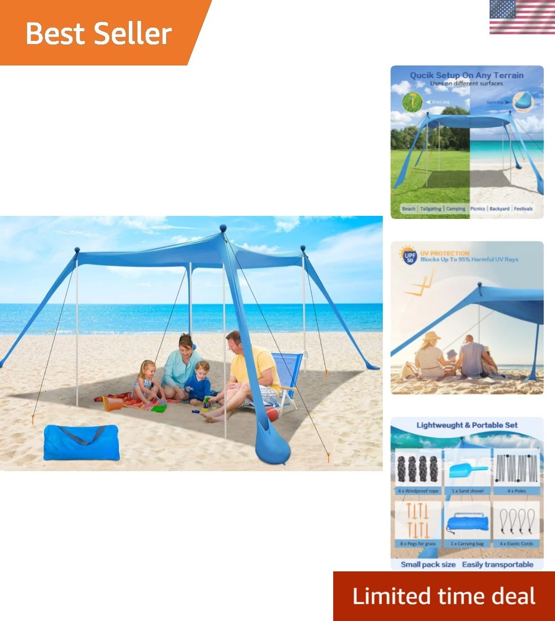 Beach Canopy Beach Tent + 11x11 FT Easy to Setup Extra Windproof Rope Sun She...