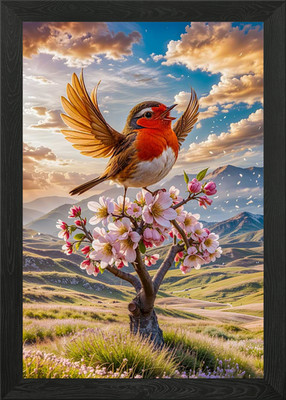 Rotkehlchen singt im Frühling gerahmtes Wandbild Poster Leinwanddruck Bild