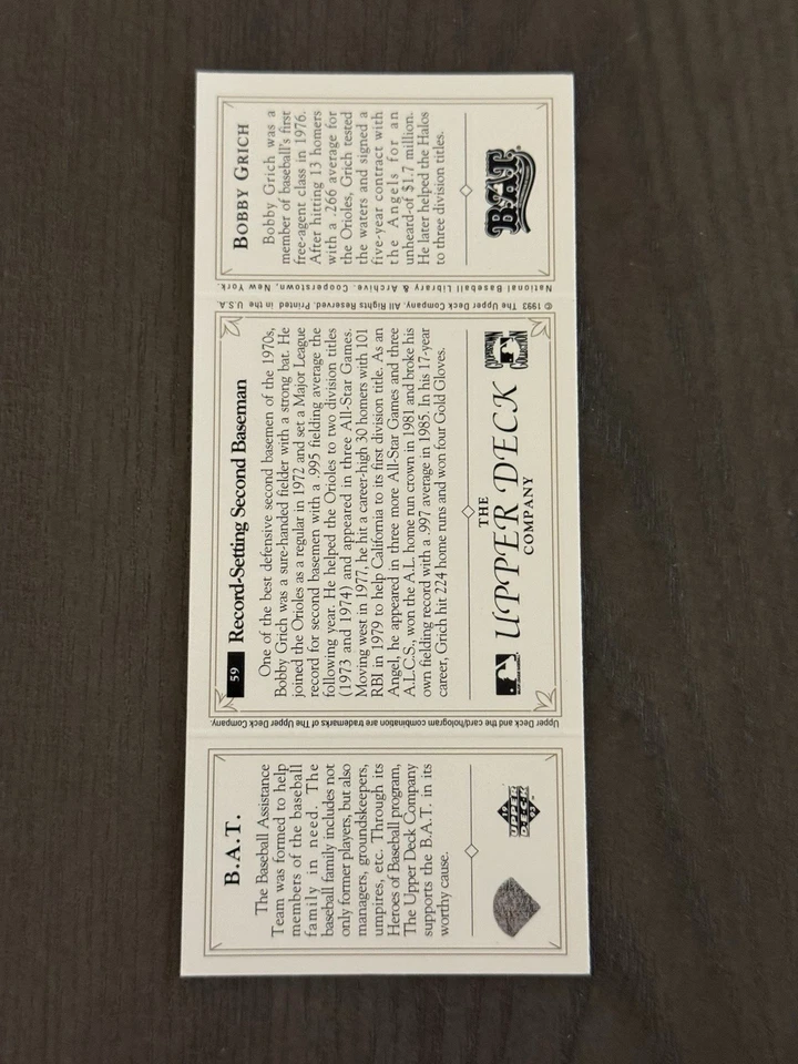 1993 Upper Deck BAT Triple-Folders #59 BOBBY GRICH Baseball Card - Image 2 of 2