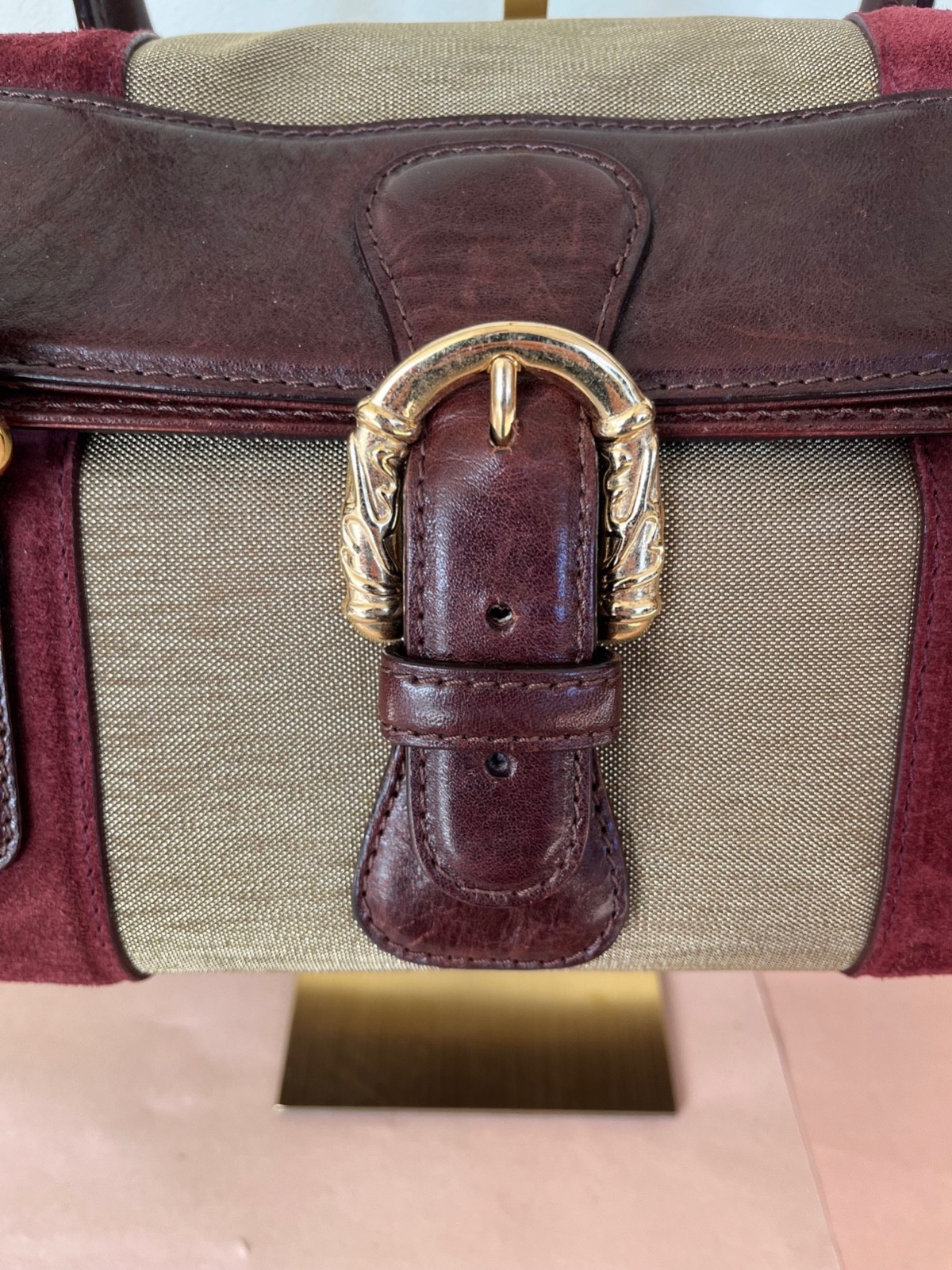 Vintage Escada Bag Brown Leather Gold Metallic Buckle Baguette Flap. Rare find!