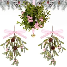 3 Pcs Christmas Mistletoe Hanging Decor Set 1 Artificial Kissing Ball with Be...