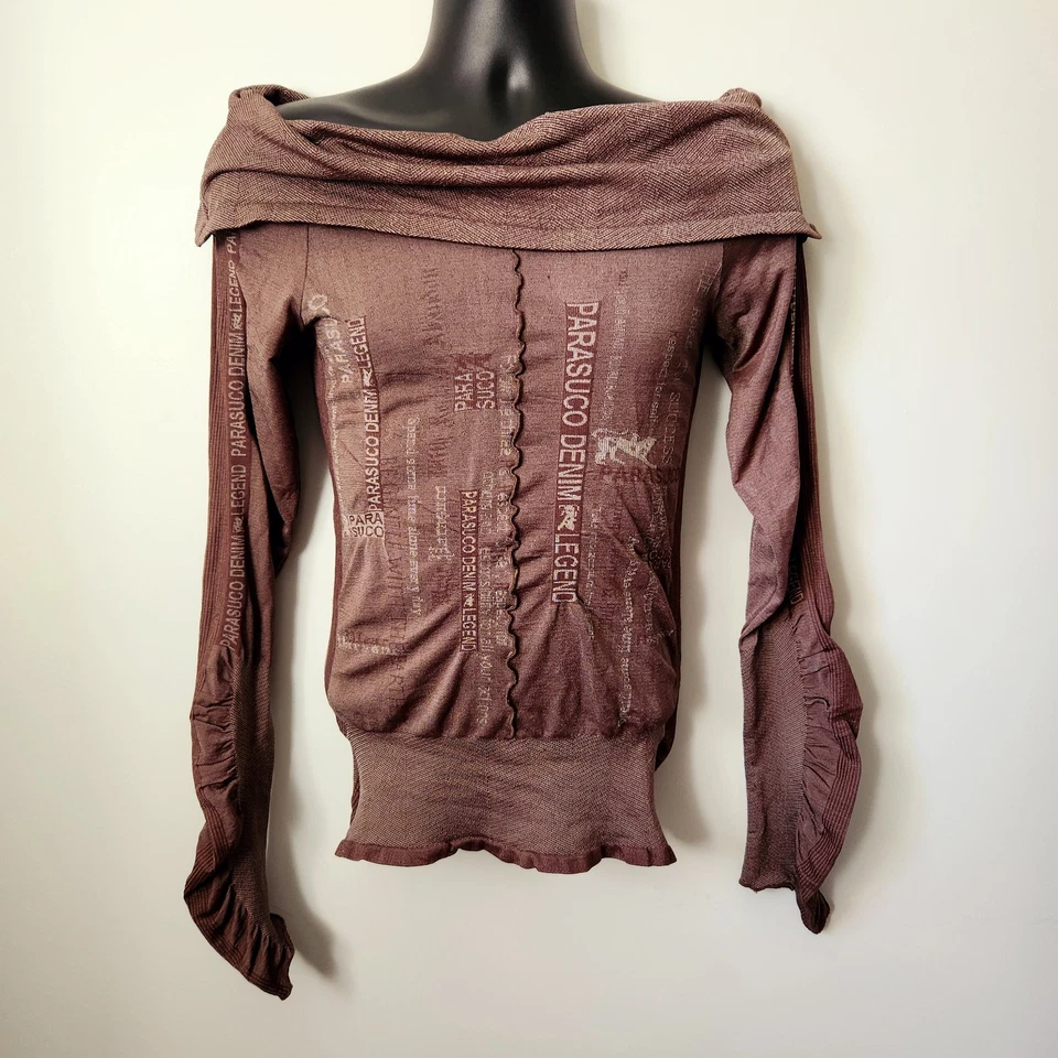 De Colección Años 90 Parasuco Denim Damas Marrón Fuera del Hombro Body Con AOP Logo Spellout Top M Foto 2 de 4