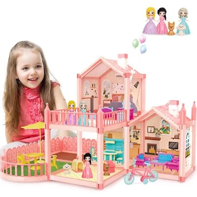 DEAO Dollhouse Puppenhaus Spielzeug-Set Rosa Villa doll house mit 3 Zimmer 2 Etage...