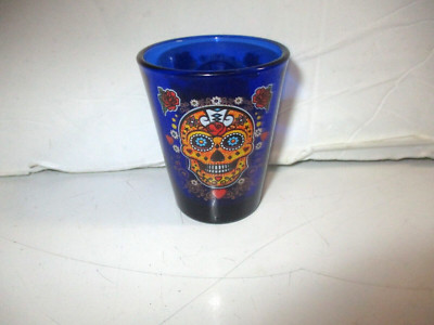 Cobalt Blue Glass 2oz Colorful Sugar Skull - Day of the Dead Shot Glass