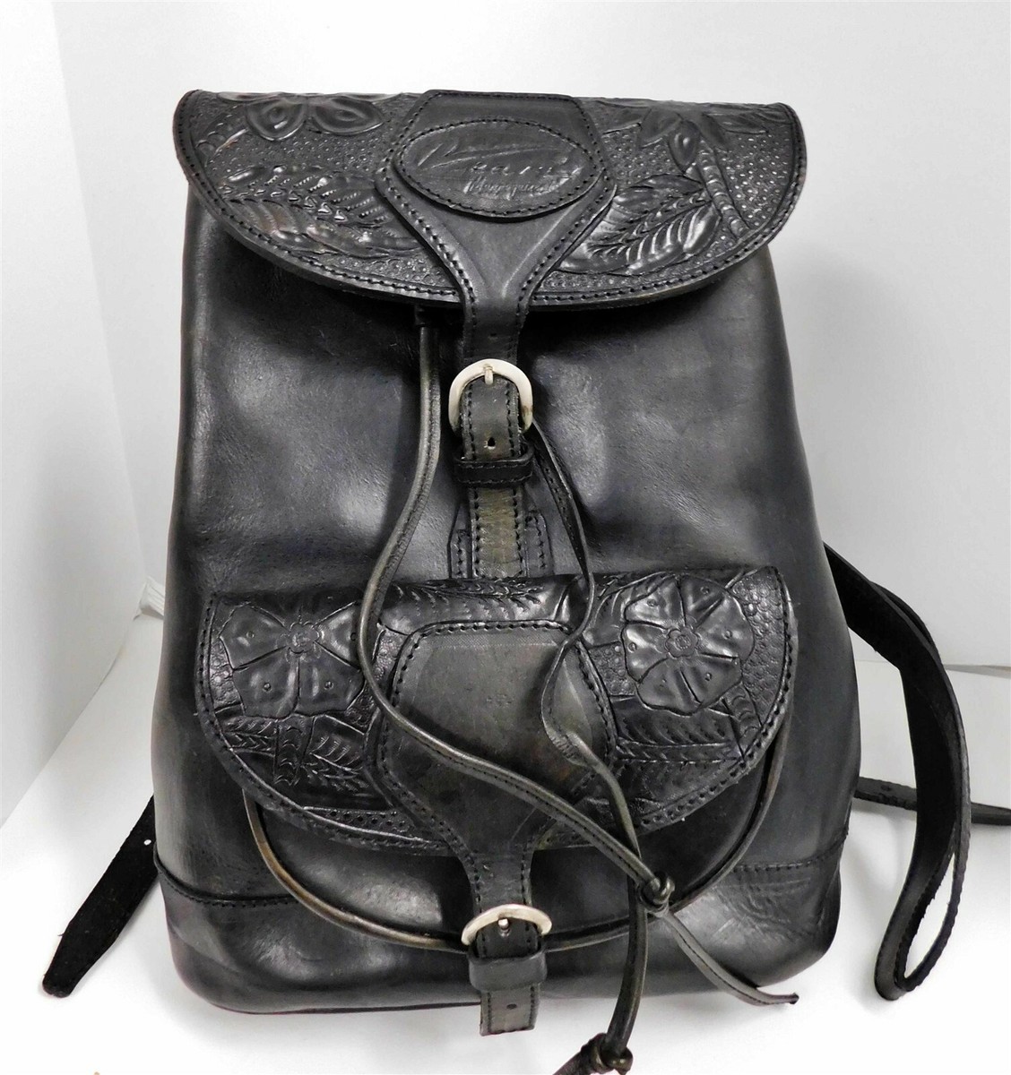 Veari Black Tooled Leather Large Backpack Bag Rare | eBay display picture 3