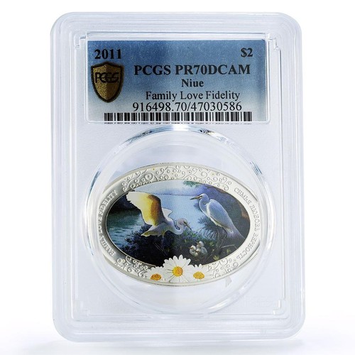 Niue 2 Dollari Famiglia Amore Fedeltà Cicogne Uccellini Fauna PR70 PCGS Ag moneta 2011 - Foto 1 di 2