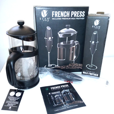 French Press Coffee Maker and Milk Frother Set - 34 oz Glass Carafe Bean Envy