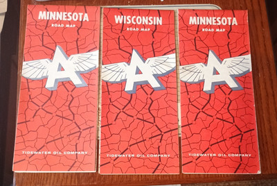 Vintage mid 1950s Flying A Tydol Tide Water Road Map Lot (2) MN and WI