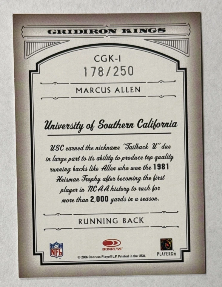 2006 Donruss Threads College Gridiron Kings Silver 178/250 Marcus Allen #CGK-1 - Image 2 of 2