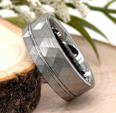 8MM Silver Tungsten Christmas Gifts Band Faceted Brushed Grooved Design Ring