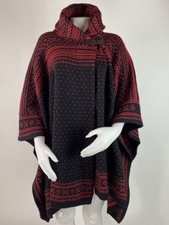Ralph Lauren One Size Red Black Nordic Fair Isle Wool Poncho Cape Buckle Closure