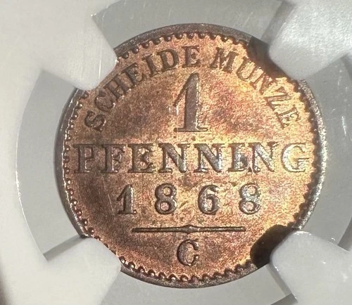 1868C Germany 1 Pfenning Graded MS65 RB By NGC !!!! Very Rare .