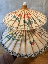 Vintage Double Tier Chinese Paper Parasol Hand Painted Floral Butterfly Umbrella