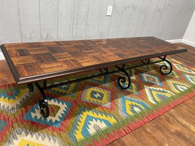 Vintage OAK Parquet Top 72'' Bench w Iron Base window seat Coffee Table
