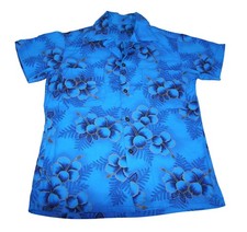 Vintage 60s 70s Blue Hibiscus Hawaiian Aloha Camp Shirt Men's Cotton Floral L