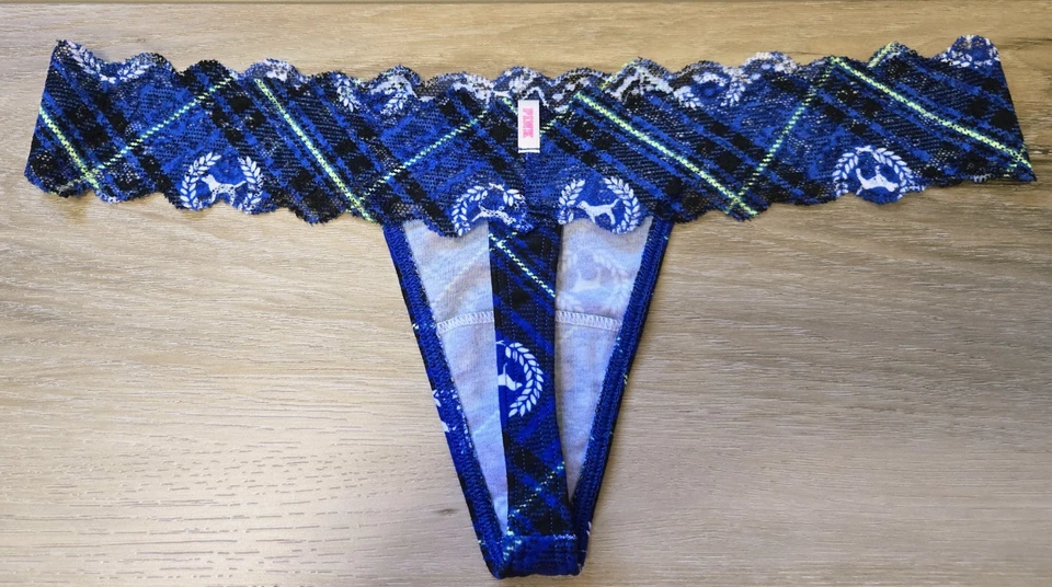 Victoria's Secret PINK Blue Plaid Dog Phi Beta Cotton Lace Waist Thong Panties M - Image 2 of 3