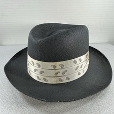 Vintage No Brand Size 7 Straw Fedora Gray With Beige Paisley Triple Band