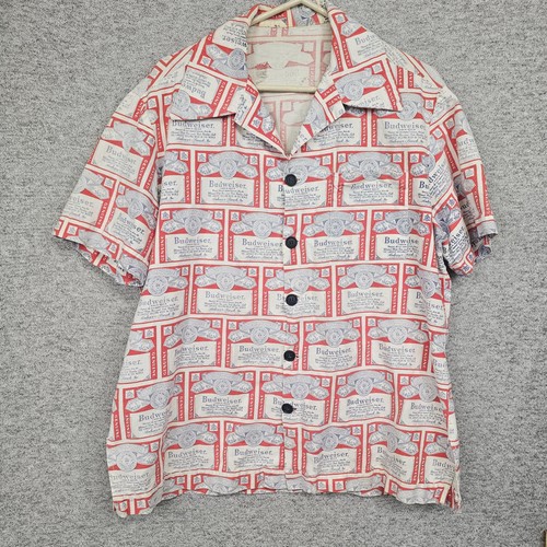 VTG Budweiser Shirt Mens Red White Blue Beer Label All Over Print Hawaiian Aloha