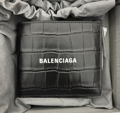 Balenciaga Herren Cash Square Folded Coin Portemonnaie in Schwarz Krokodil Kalbsleder Neu