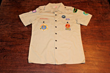 Boy Scouts of America BSA Men's Shirt Tan Medium Sewn Patches Short Sleeve
