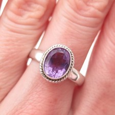 925 Sterling Silver Vintage Real Oval-Cut Amethyst Ring Size 8