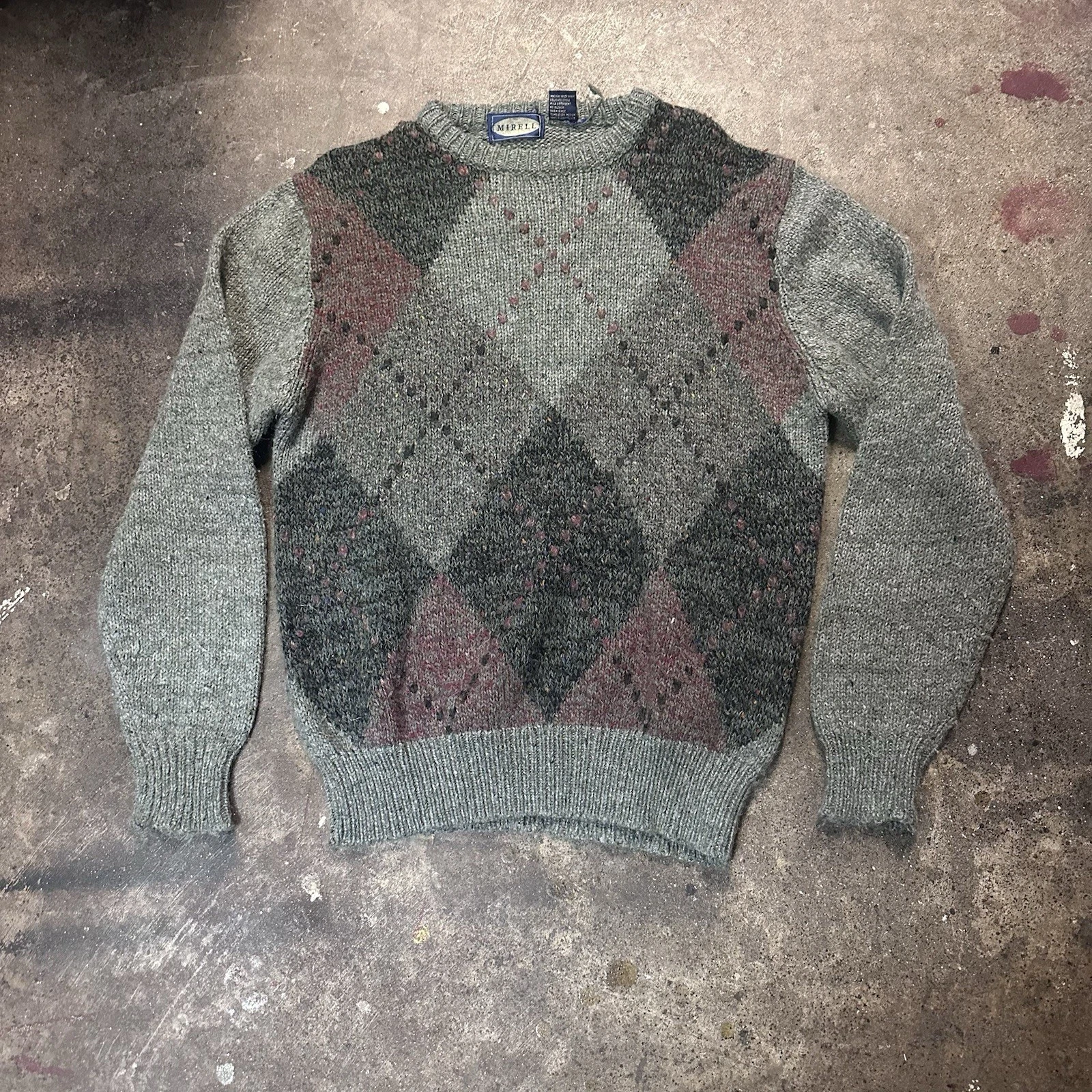 Vintage Mirell Sweater Mens L Wool Blend 90s Knit Pullover Argyle Gray Black