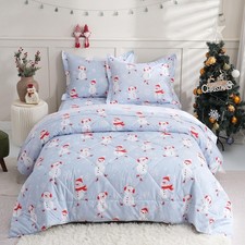 JSD Blue Snowman Kids Comforter Set Queen Size, 3 PC Christmas Queen,