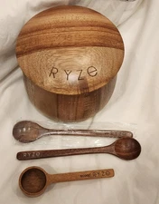 Ryze Mushroom Coffee Acacia Jar Wooden Storage Container  Lid Wood spoons scoop