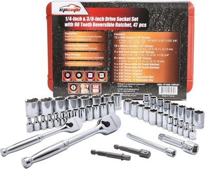 EPAuto 47-Piece 1/4 & 3/8 inch Drive Socket Set with 90 Tooth Reversible Ratchet