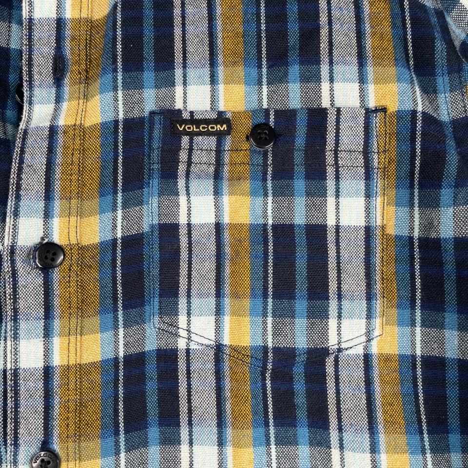 Camisa Volcom Juvenil Mediana Azul Amarillo Franela a Cuadros Sensación Informal Logo Foto 3 de 4