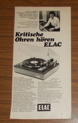 Seltene Werbung vintage ELAC MIRACORD 50H/II HiFi Plattenspieler 1973