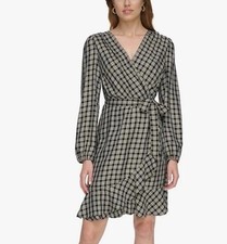 Tommy Hilfiger Women's Black Check Ruffle Hem Shift Wrap Dress Size 2