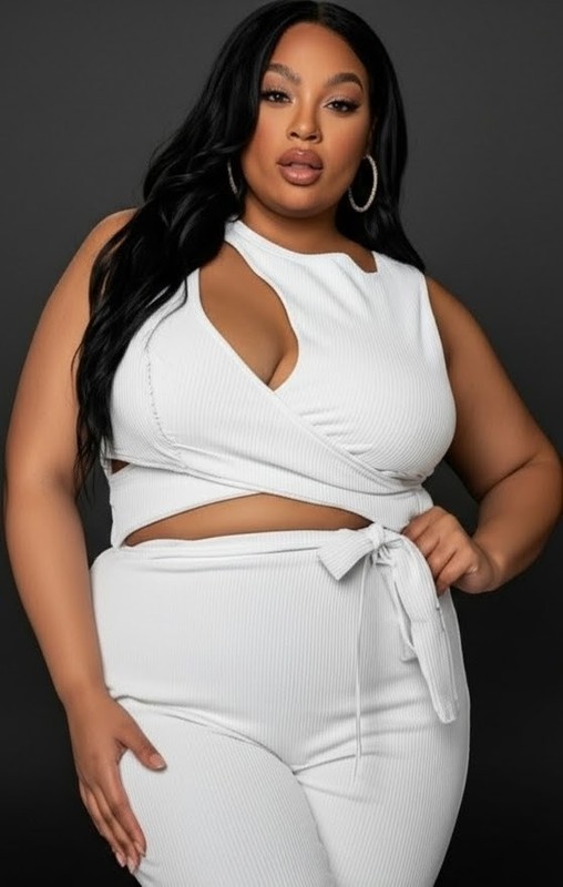 Fashion Nova Women's XL White Ribbed 2-Piece Crop Top & Tie Waist Pants Set