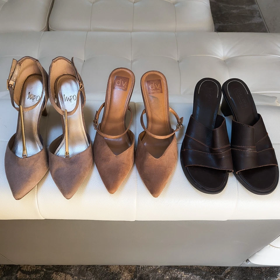 Lote de 3 pares de tacones para mujer talla 9 beige tostado imitación gamuza marrón cuero genuino Foto 2 de 4