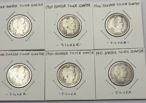 Six(6)-Barber Silver Quarters-Various Years-Circulated-6 Coin Lot-Free Shipping