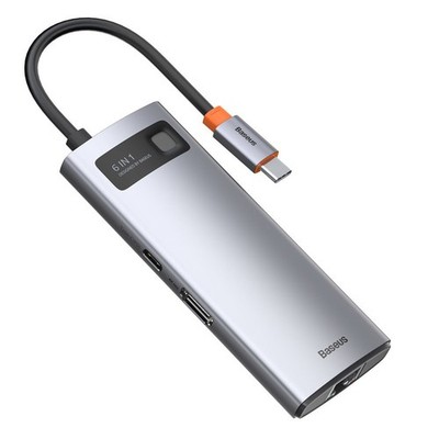 Multifunktionaler 6-in-1-USB-Hub (USB-C PD, HDMI, 3x USB 3.2, RJ45, Grau)