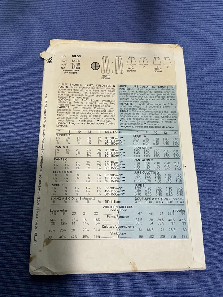 Pantalones Cortos*falda*culottes*pantalones para Niñas Butterick De Colección Patrón 6803 Talla 7; sin Cortar; FF Foto 4 de 4