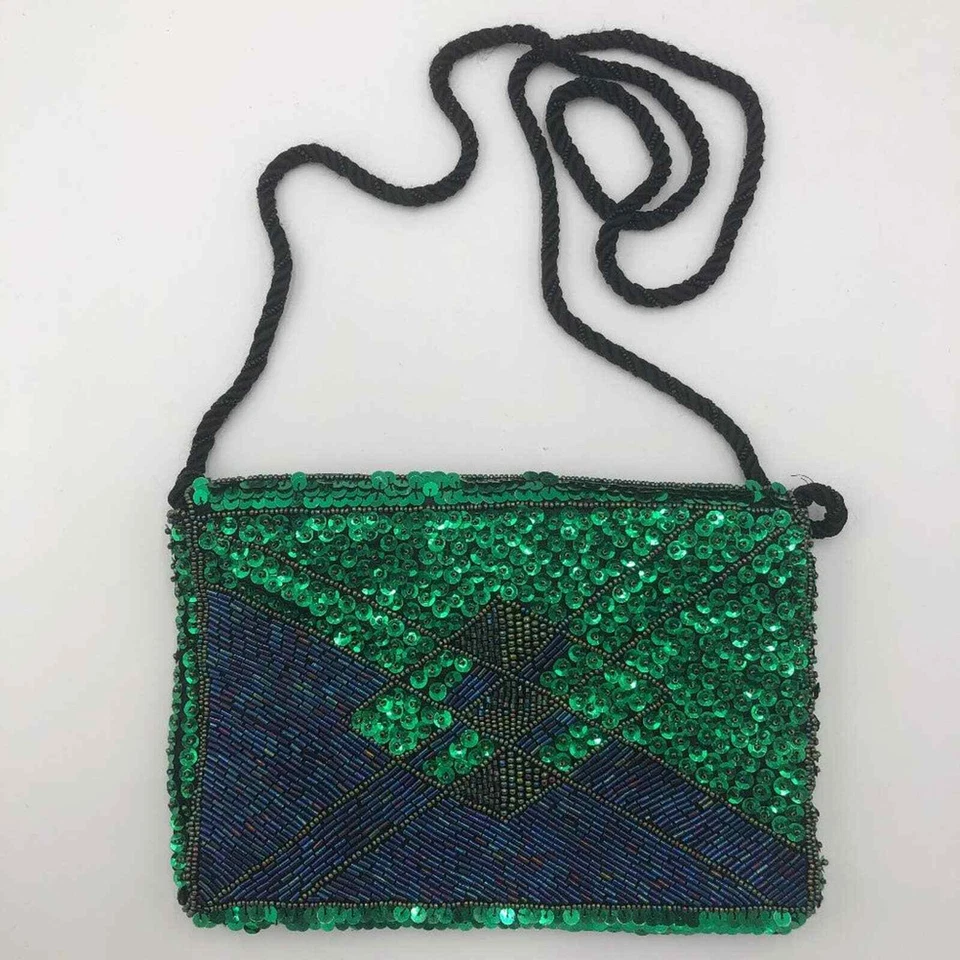Bolso Cartera Vintage PATRICK SWEENEY Iridiscente Verde y Azul a Cuadros Lentejuelas y Cuentas Foto 2 de 4