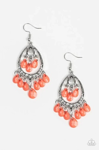 Paparazzi Earrings- Gorgeously Genie- Orange (Coral) Beads- White Rhinestones - Picture 2 of 2