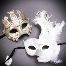 Venetian Silver Feather Masks Couple For Men and Women Masquerade Party Costume