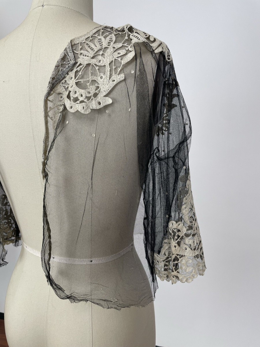 Antique Victorian 1890s Black Net Lace Top With Cream Floral