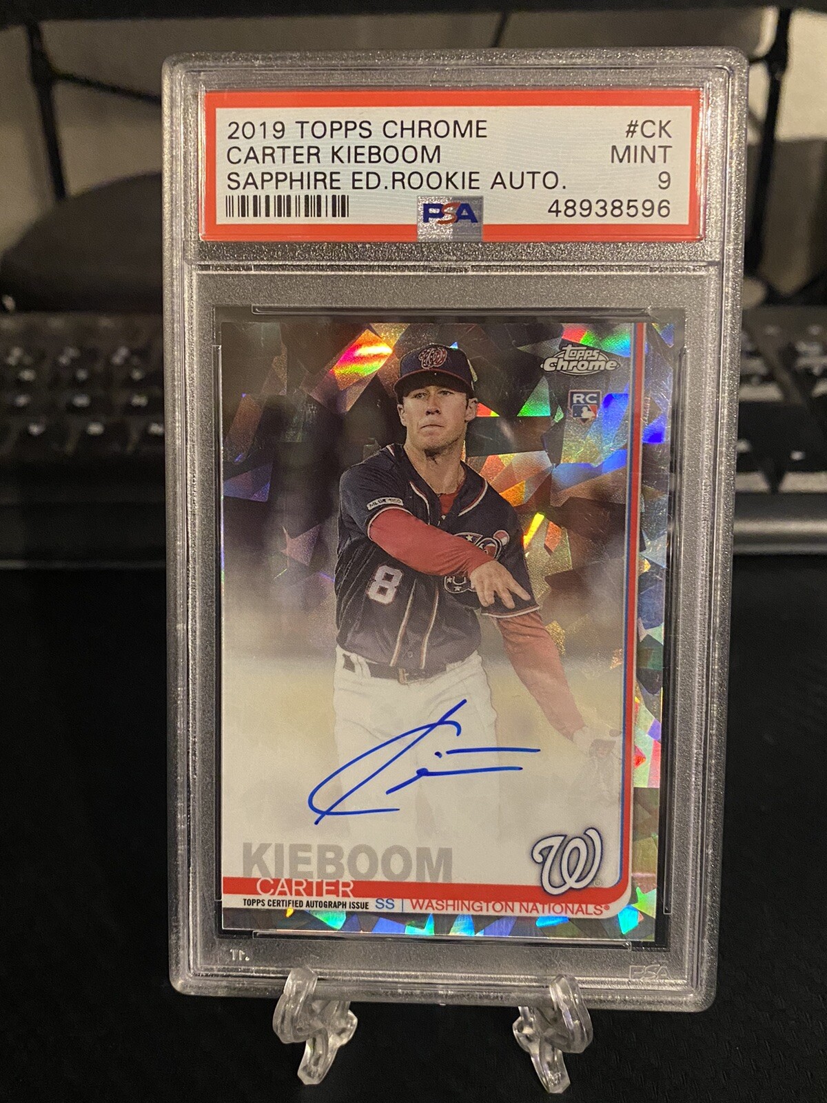 2019 Topps Chrome Carter Kieboom Sapphire Rookie Auto PSA 9