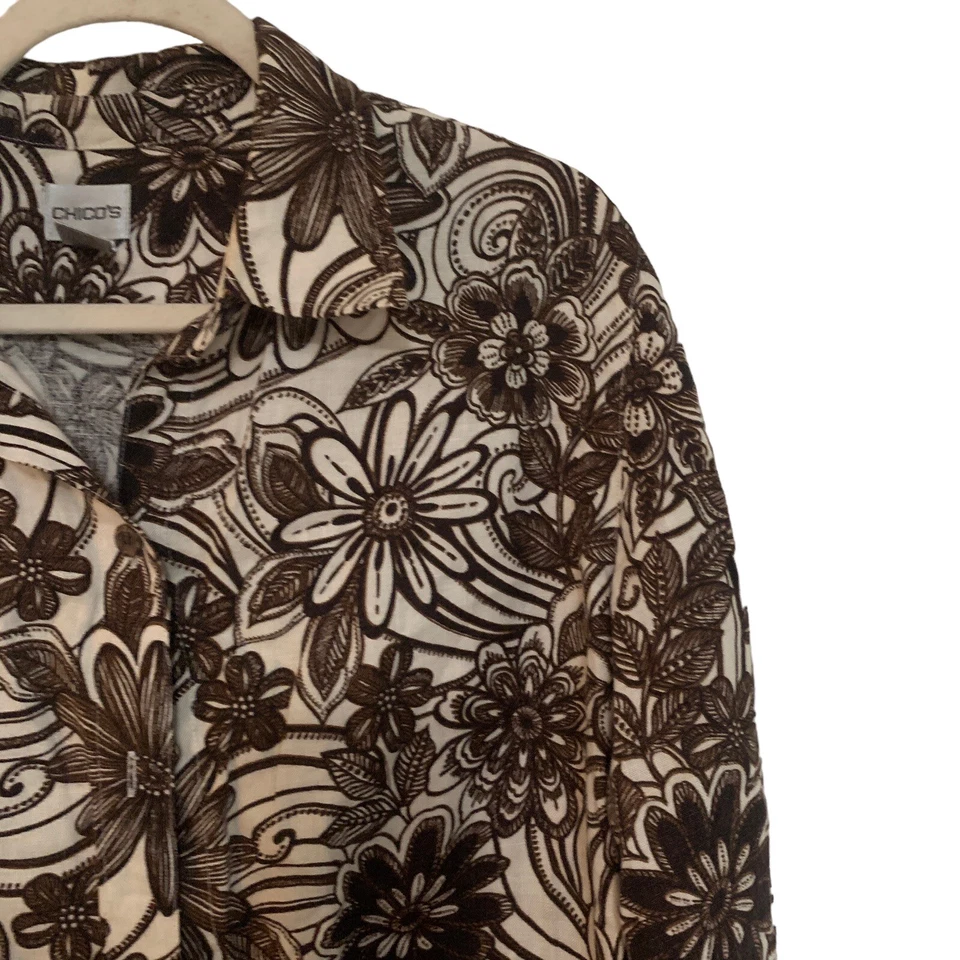Chicos Top XL 多色花卉纽扣衬衫亚麻艺术穿 Lagenlook — 第 3/4 张图片
