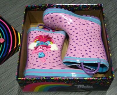 Dreamworks Trolls World Tour Poppy Girls Rain Boots Purple Hearts Size 10 7 New